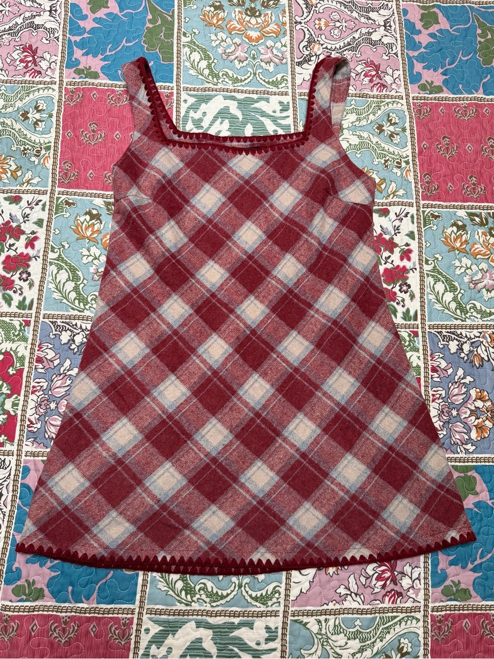 Cider Red Plaid Scalloped Ric-Rac Trim Pinafore Overall Mini Dress Sz Large